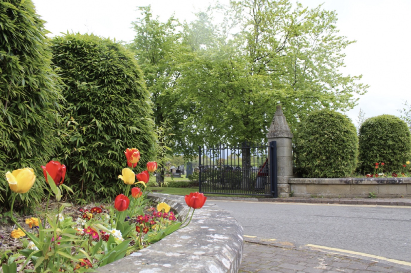 Cemetery gates in spring with trees coming into leaf